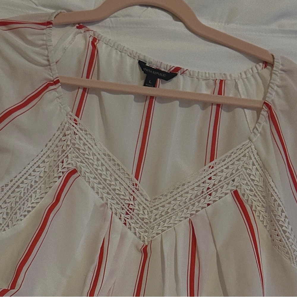 Banana Republic Semi-Sheer White Blouse with Red Stripes and Crochet Trim - Picture 3 of 9
